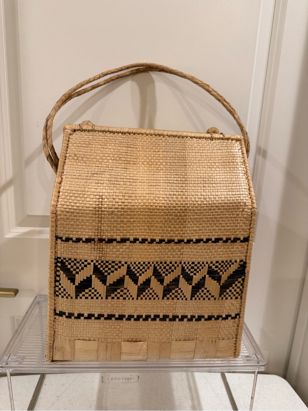 Square Woven Straw Top-Handle Basket Bag in Natural and Black ~ 13“ H x 7“ W